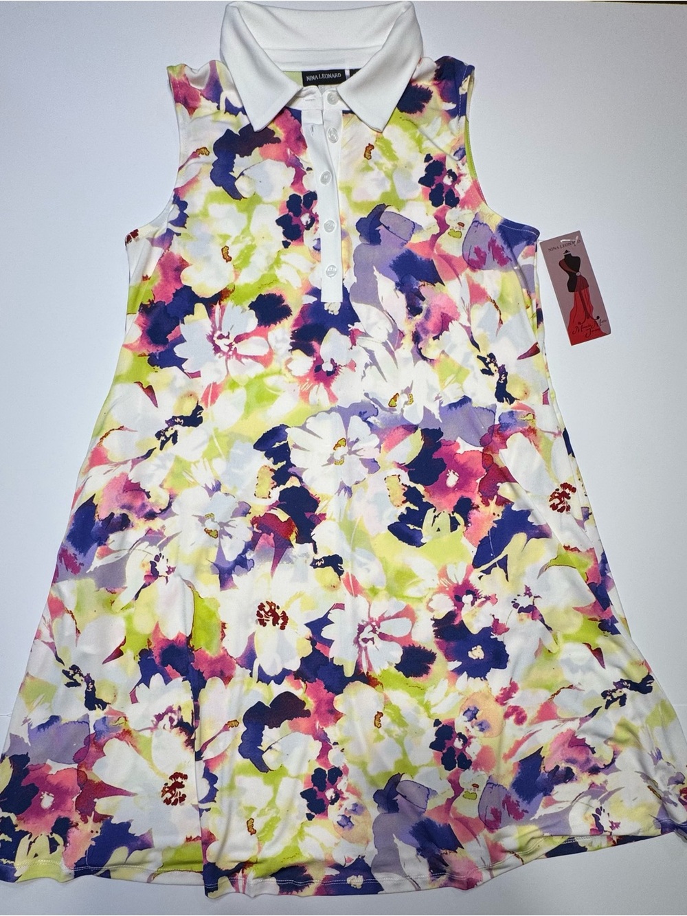 Nina Leonard White Floral Sleeveless Polo Dress with Pink, Purple & Lime Accents